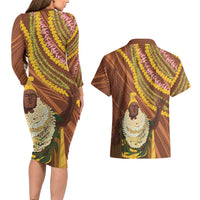 Hawaii King Kamehameha Couples Matching Long Sleeve Bodycon Dress and Hawaiian Shirt Hawaiian Kakau Pattern With Leis