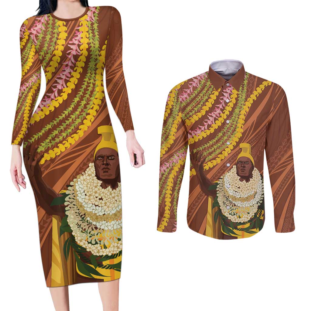 Hawaii King Kamehameha Couples Matching Long Sleeve Bodycon Dress and Long Sleeve Button Shirt Hawaiian Kakau Pattern With Leis LT05 Brown - Polynesian Pride
