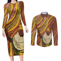 Hawaii King Kamehameha Couples Matching Long Sleeve Bodycon Dress and Long Sleeve Button Shirt Hawaiian Kakau Pattern With Leis LT05 Brown - Polynesian Pride