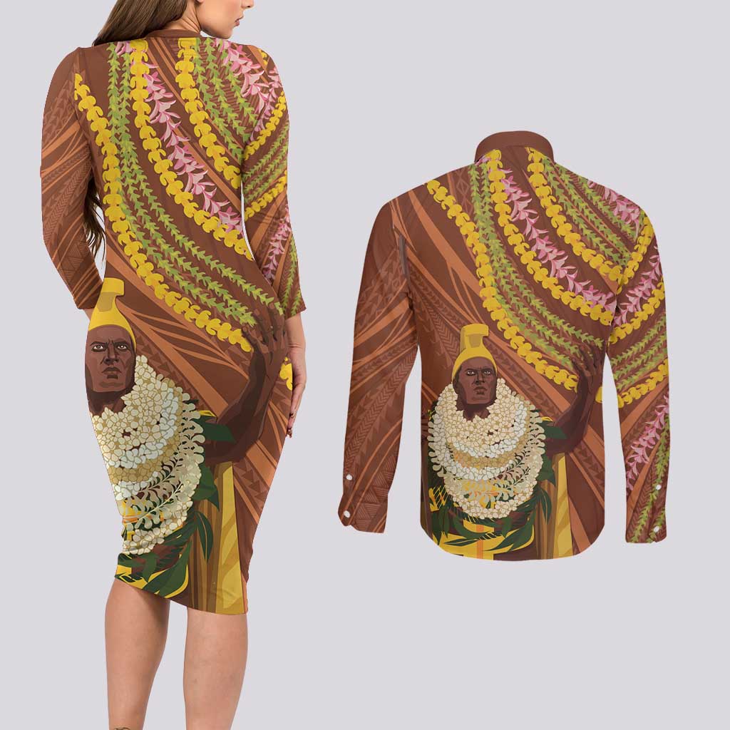 Hawaii King Kamehameha Couples Matching Long Sleeve Bodycon Dress and Long Sleeve Button Shirt Hawaiian Kakau Pattern With Leis LT05 - Polynesian Pride