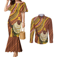 Hawaii King Kamehameha Couples Matching Mermaid Dress and Long Sleeve Button Shirt Hawaiian Kakau Pattern With Leis
