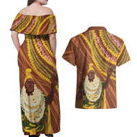 Hawaii King Kamehameha Couples Matching Off Shoulder Maxi Dress and Hawaiian Shirt Hawaiian Kakau Pattern With Leis