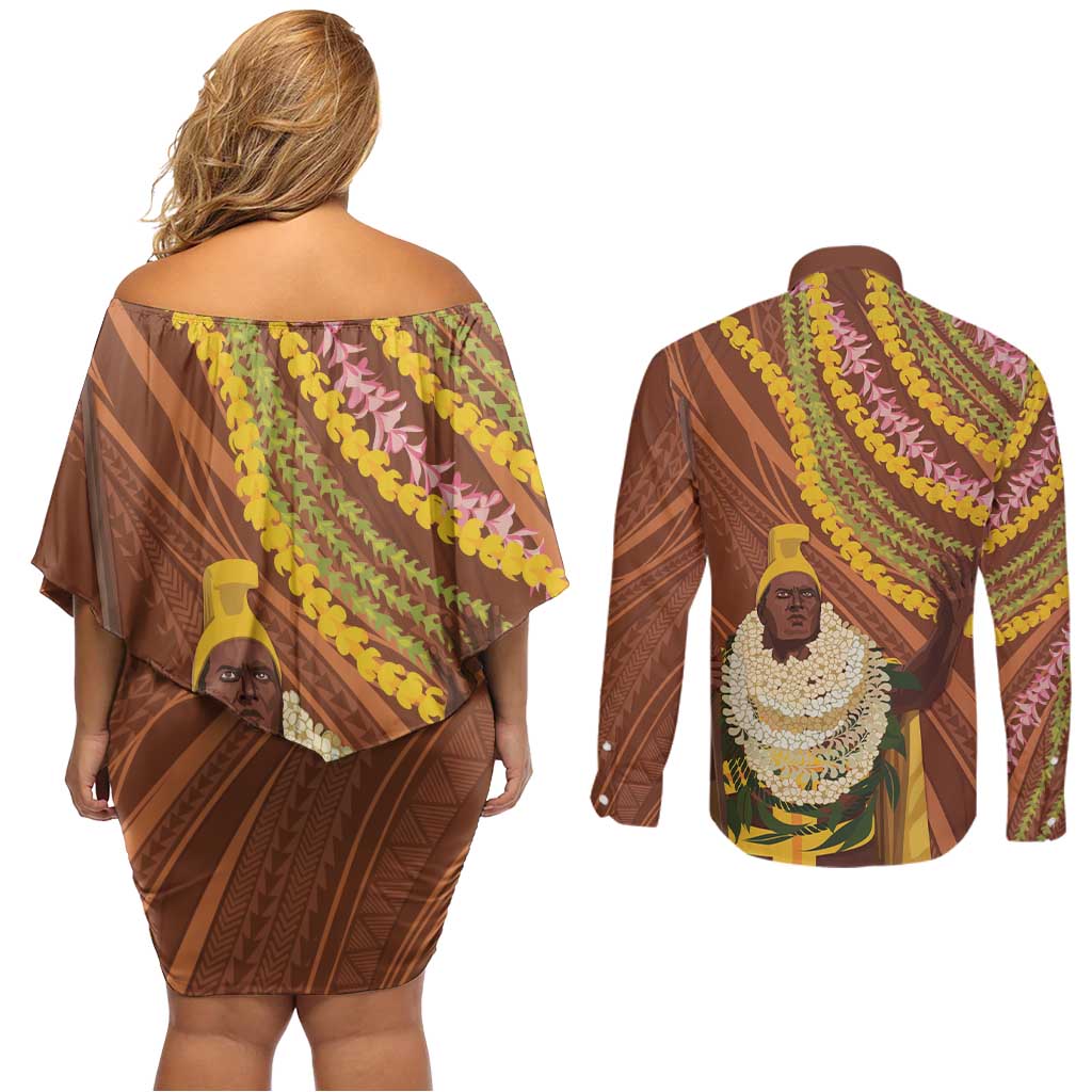 Hawaii King Kamehameha Couples Matching Off Shoulder Short Dress and Long Sleeve Button Shirt Hawaiian Kakau Pattern With Leis