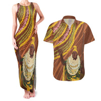 Hawaii King Kamehameha Couples Matching Tank Maxi Dress and Hawaiian Shirt Hawaiian Kakau Pattern With Leis