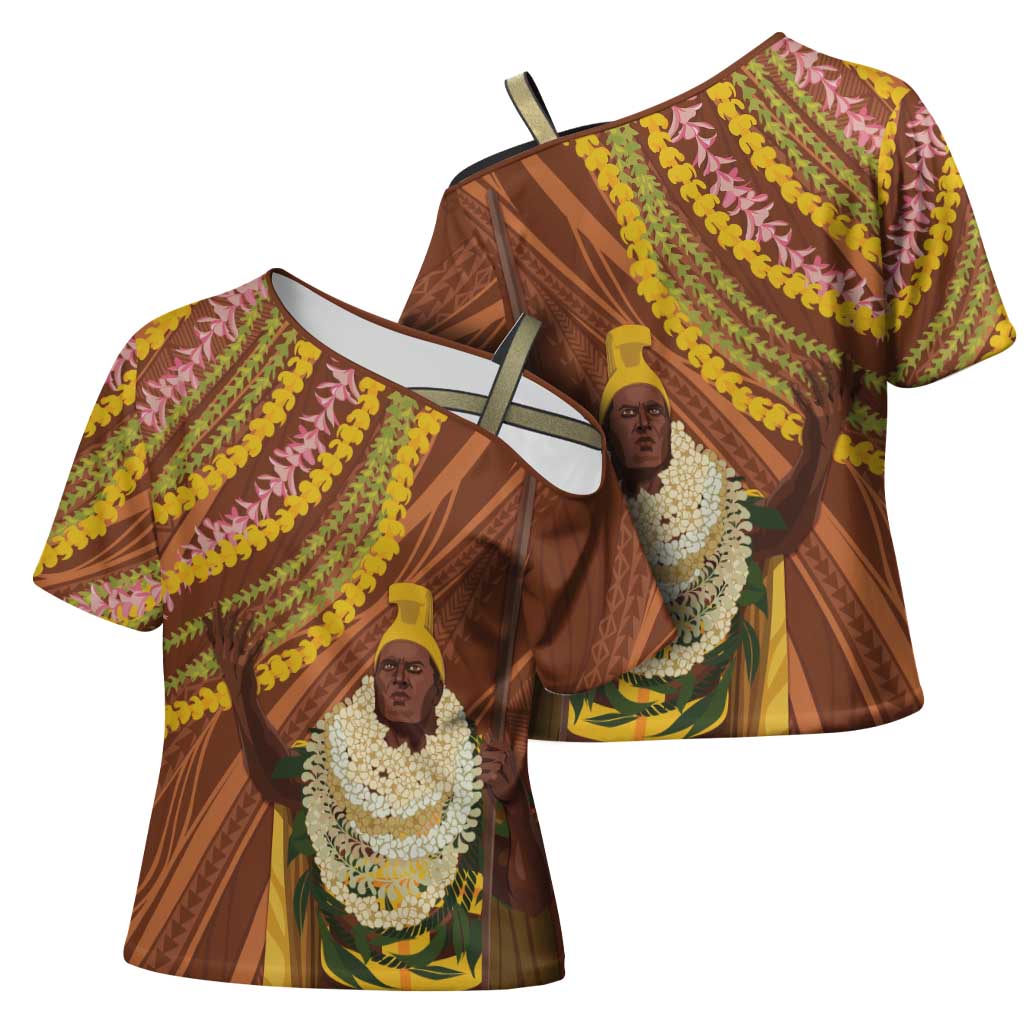 Hawaii King Kamehameha Cross Shoulder Shirt Hawaiian Kakau Pattern With Leis