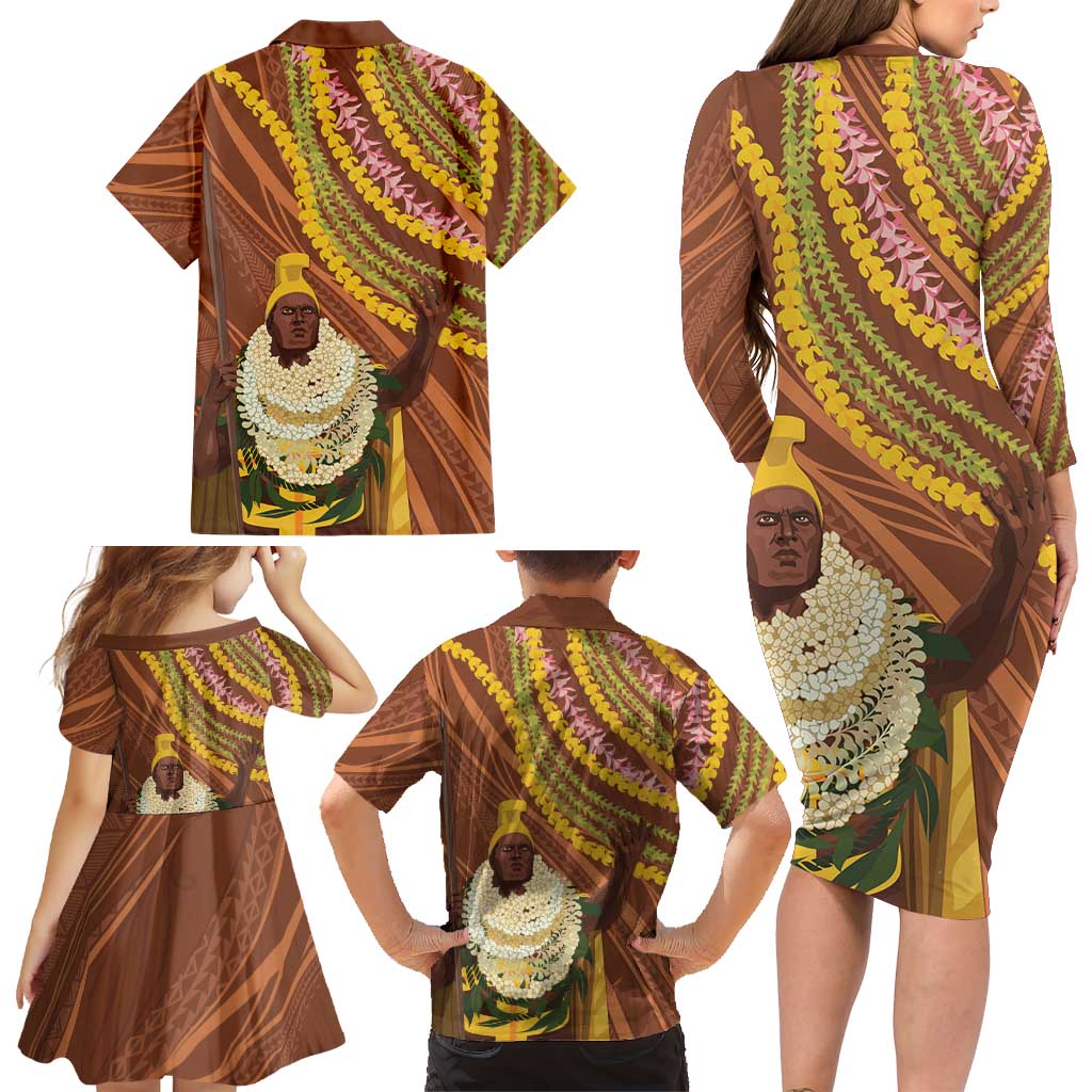 Hawaii King Kamehameha Family Matching Long Sleeve Bodycon Dress and Hawaiian Shirt Hawaiian Kakau Pattern With Leis LT05 - Polynesian Pride