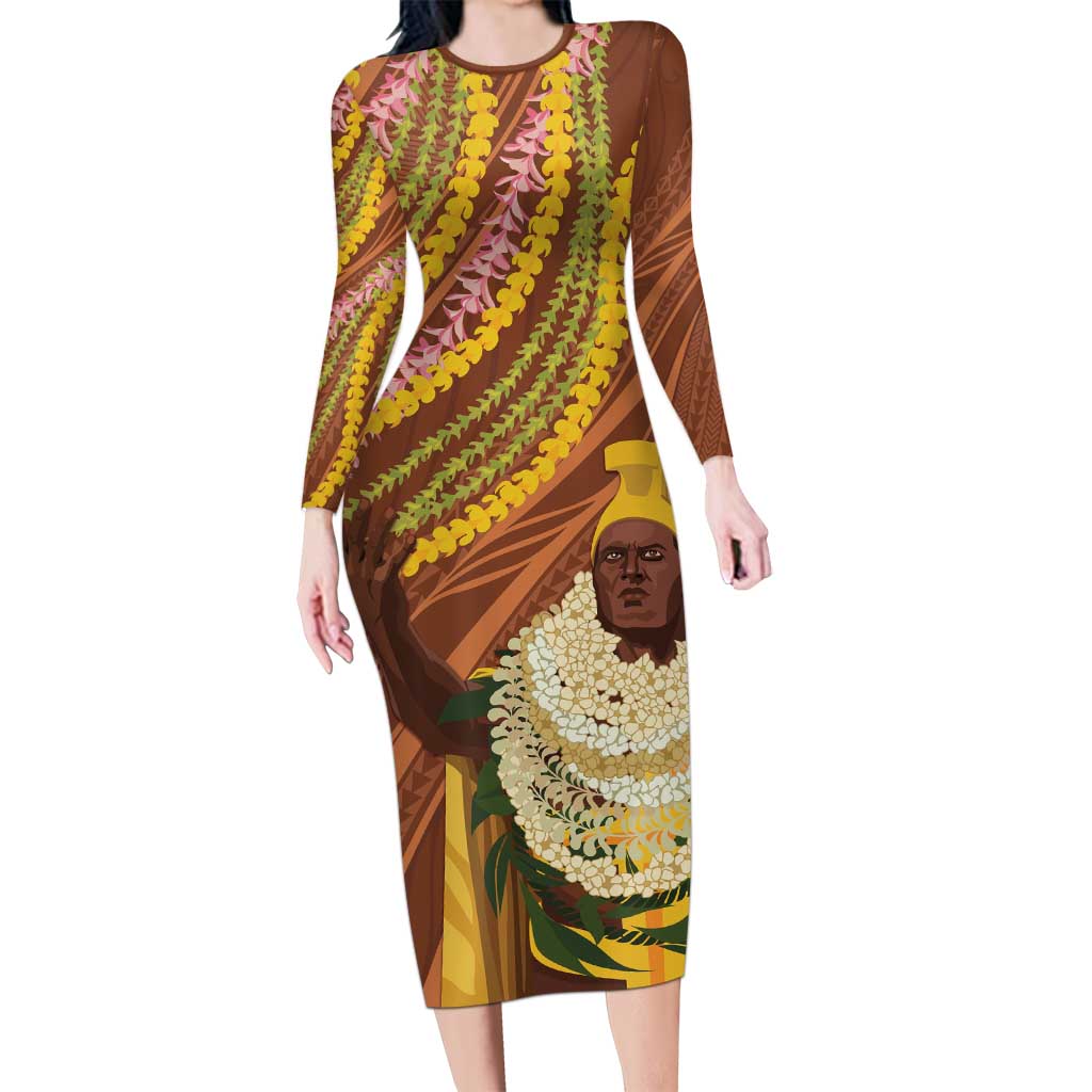 Hawaii King Kamehameha Family Matching Long Sleeve Bodycon Dress and Hawaiian Shirt Hawaiian Kakau Pattern With Leis LT05 Mom's Dress Brown - Polynesian Pride