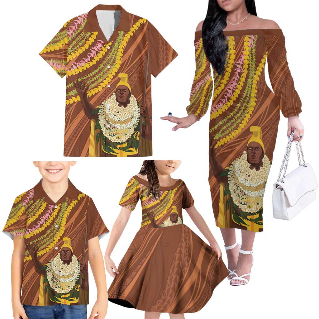 Hawaii King Kamehameha Family Matching Off The Shoulder Long Sleeve Dress and Hawaiian Shirt Hawaiian Kakau Pattern With Leis LT05 - Polynesian Pride