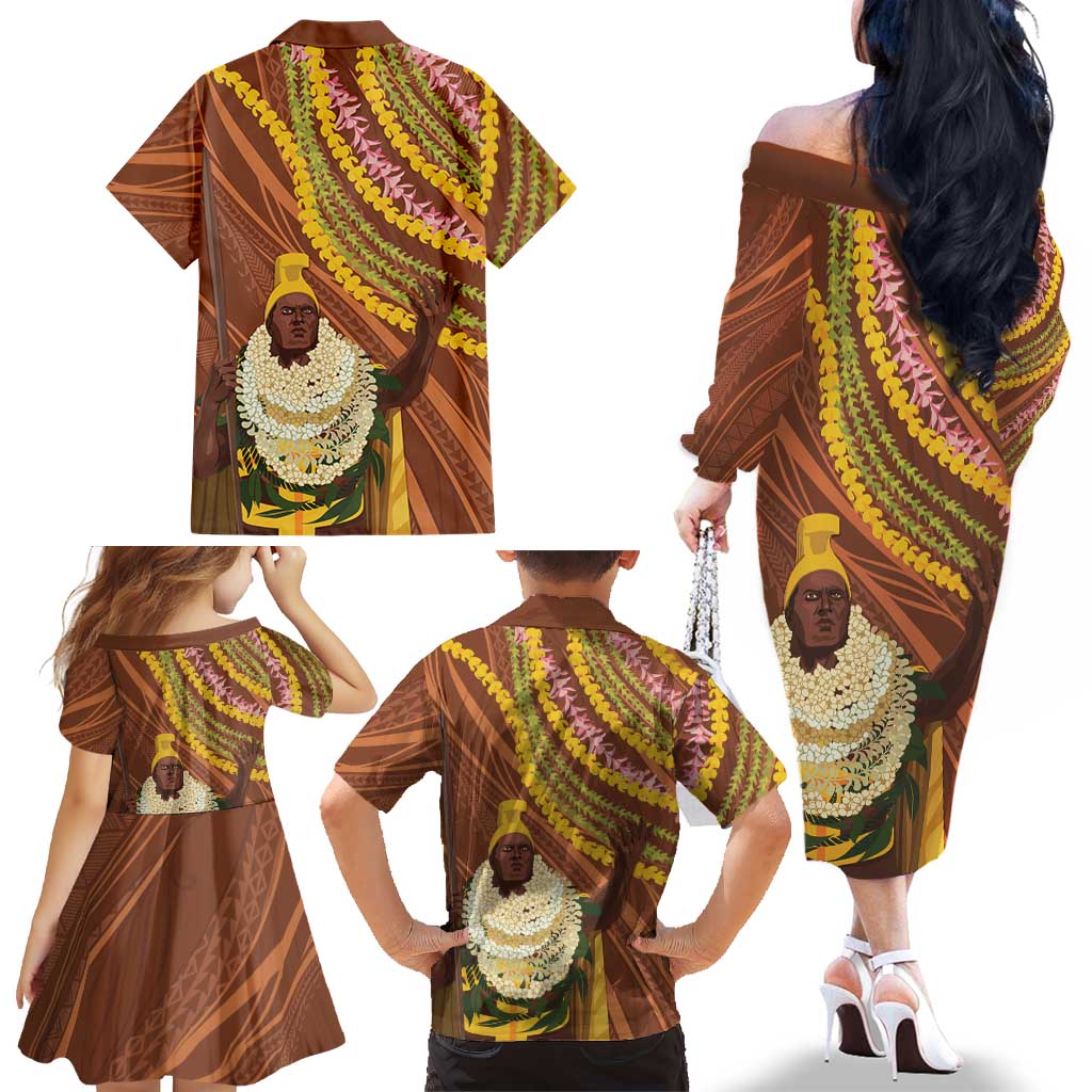 Hawaii King Kamehameha Family Matching Off The Shoulder Long Sleeve Dress and Hawaiian Shirt Hawaiian Kakau Pattern With Leis LT05 - Polynesian Pride