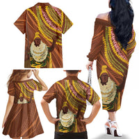 Hawaii King Kamehameha Family Matching Off The Shoulder Long Sleeve Dress and Hawaiian Shirt Hawaiian Kakau Pattern With Leis LT05 - Polynesian Pride