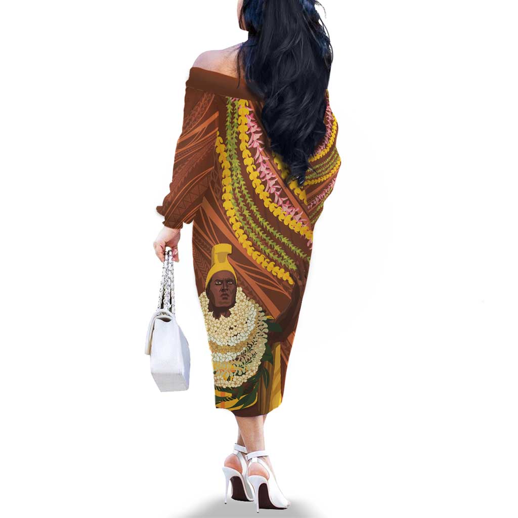 Hawaii King Kamehameha Family Matching Off The Shoulder Long Sleeve Dress and Hawaiian Shirt Hawaiian Kakau Pattern With Leis LT05 - Polynesian Pride