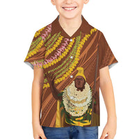 Hawaii King Kamehameha Family Matching Off The Shoulder Long Sleeve Dress and Hawaiian Shirt Hawaiian Kakau Pattern With Leis LT05 Son's Shirt Brown - Polynesian Pride
