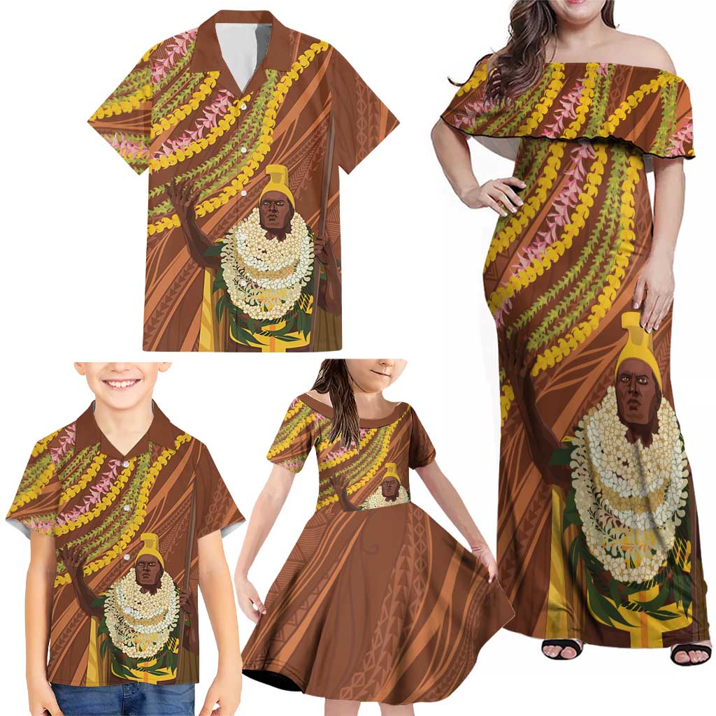 Hawaii King Kamehameha Family Matching Off Shoulder Maxi Dress and Hawaiian Shirt Hawaiian Kakau Pattern With Leis LT05 - Polynesian Pride