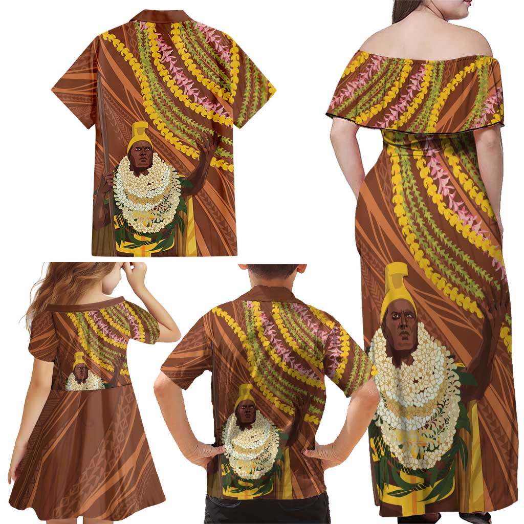 Hawaii King Kamehameha Family Matching Off Shoulder Maxi Dress and Hawaiian Shirt Hawaiian Kakau Pattern With Leis LT05 - Polynesian Pride