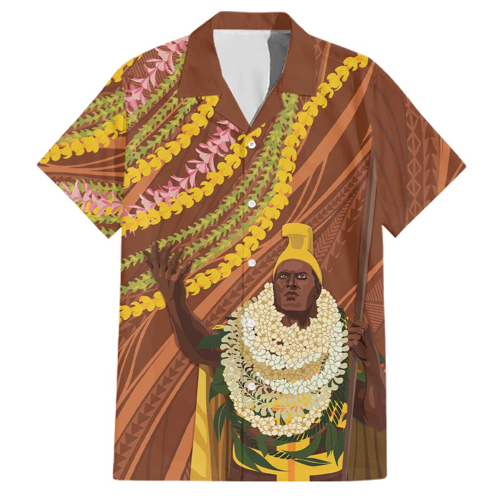 Hawaii King Kamehameha Family Matching Off Shoulder Maxi Dress and Hawaiian Shirt Hawaiian Kakau Pattern With Leis LT05 Dad's Shirt - Short Sleeve Brown - Polynesian Pride