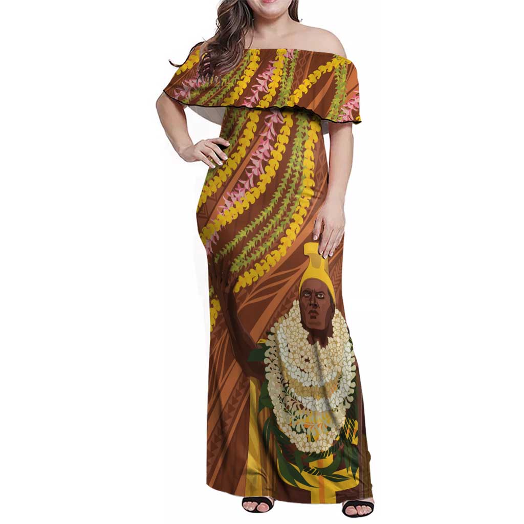 Hawaii King Kamehameha Family Matching Off Shoulder Maxi Dress and Hawaiian Shirt Hawaiian Kakau Pattern With Leis LT05 Mom's Dress Brown - Polynesian Pride