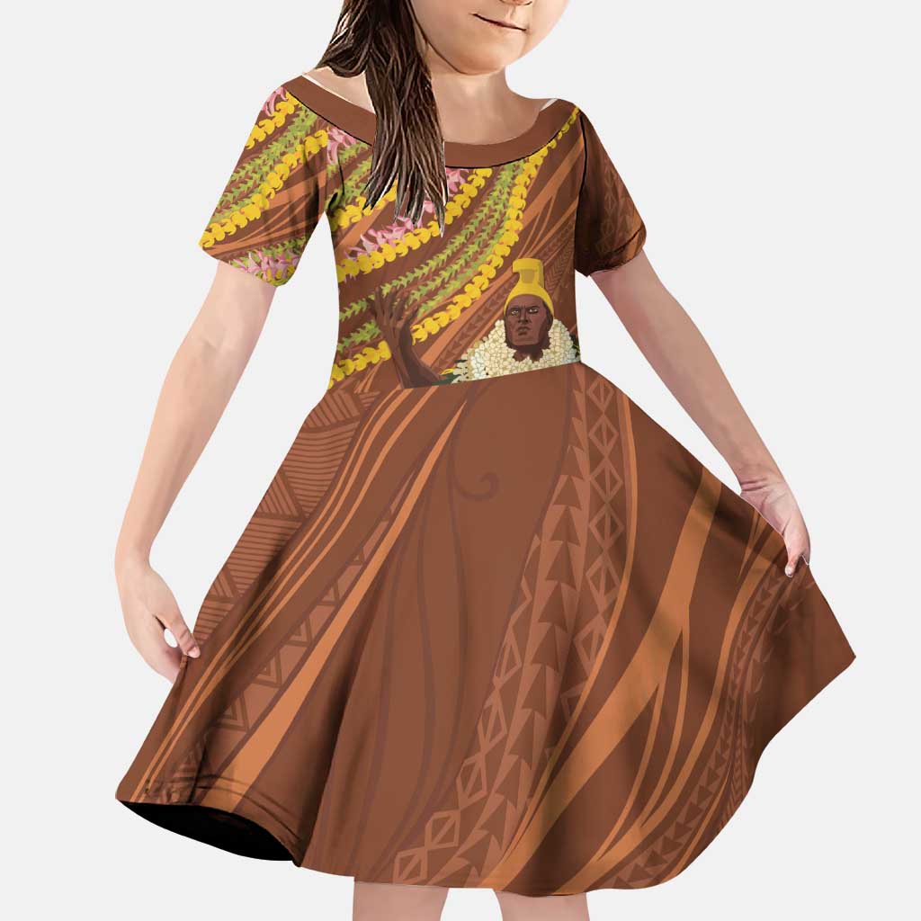 Hawaii King Kamehameha Family Matching Off Shoulder Short Dress and Hawaiian Shirt Hawaiian Kakau Pattern With Leis LT05 Daughter's Dress Brown - Polynesian Pride