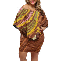 Hawaii King Kamehameha Family Matching Off Shoulder Short Dress and Hawaiian Shirt Hawaiian Kakau Pattern With Leis LT05 Mom's Dress Brown - Polynesian Pride