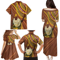 Hawaii King Kamehameha Family Matching Puletasi and Hawaiian Shirt Hawaiian Kakau Pattern With Leis
