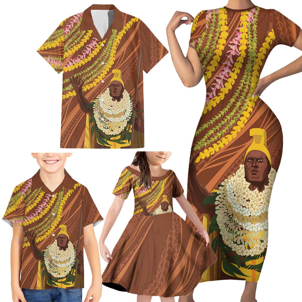 Hawaii King Kamehameha Family Matching Short Sleeve Bodycon Dress and Hawaiian Shirt Hawaiian Kakau Pattern With Leis LT05 - Polynesian Pride