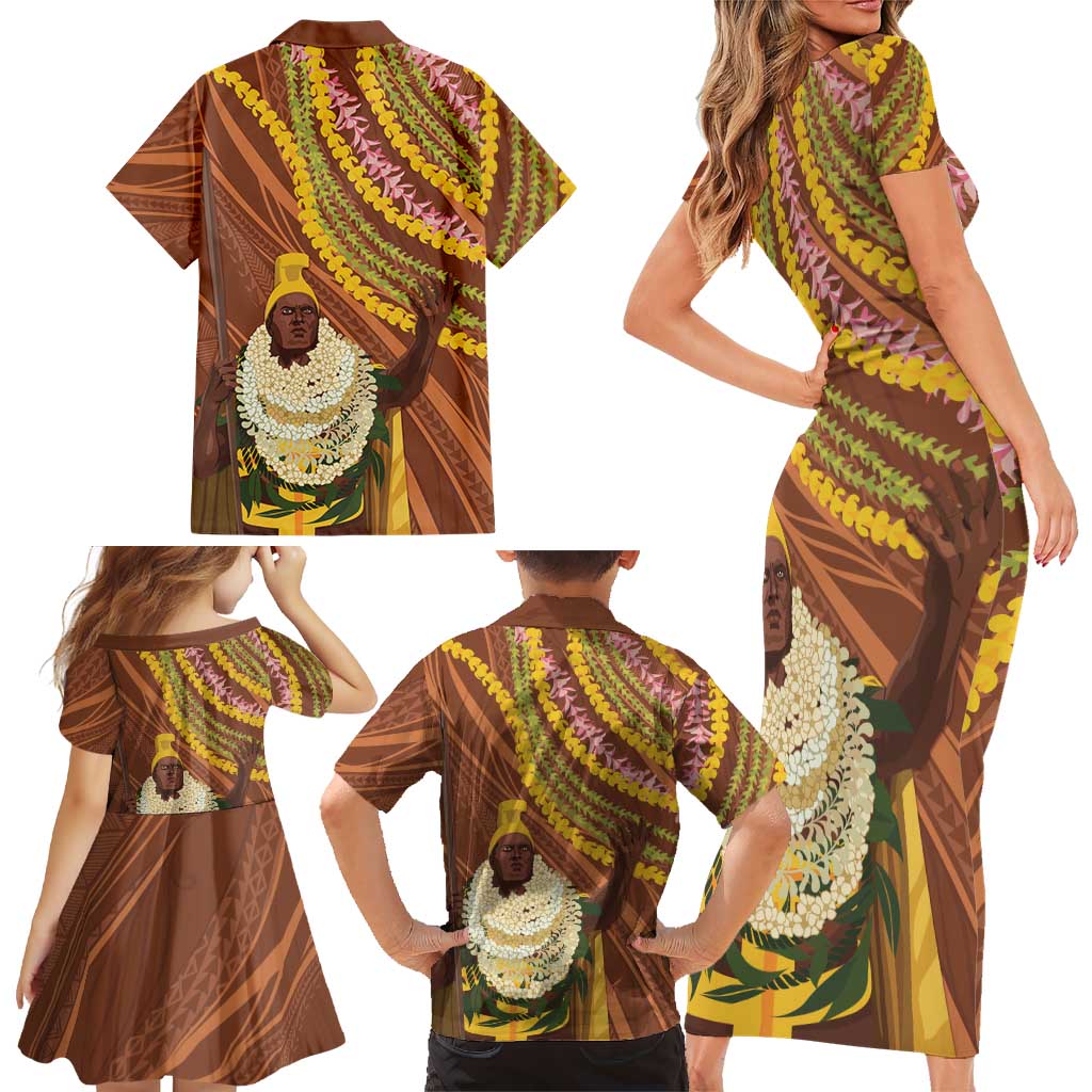 Hawaii King Kamehameha Family Matching Short Sleeve Bodycon Dress and Hawaiian Shirt Hawaiian Kakau Pattern With Leis LT05 - Polynesian Pride