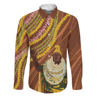 Hawaii King Kamehameha Family Matching Short Sleeve Bodycon Dress and Hawaiian Shirt Hawaiian Kakau Pattern With Leis LT05 Dad's Shirt - Long Sleeve Brown - Polynesian Pride
