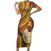 Hawaii King Kamehameha Family Matching Short Sleeve Bodycon Dress and Hawaiian Shirt Hawaiian Kakau Pattern With Leis LT05 Mom's Dress Brown - Polynesian Pride