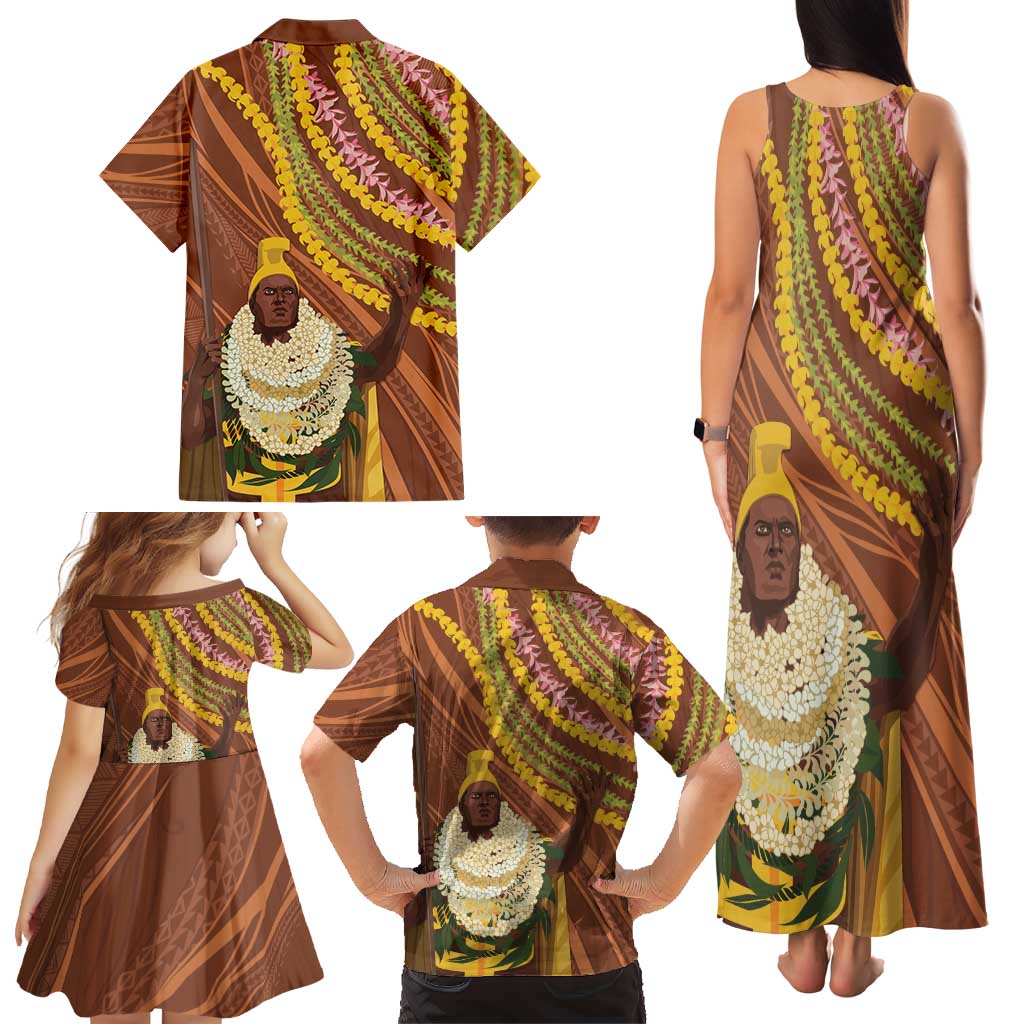 Hawaii King Kamehameha Family Matching Tank Maxi Dress and Hawaiian Shirt Hawaiian Kakau Pattern With Leis LT05 - Polynesian Pride