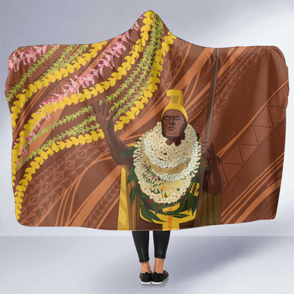 Hawaii King Kamehameha Hooded Blanket Hawaiian Kakau Pattern With Leis