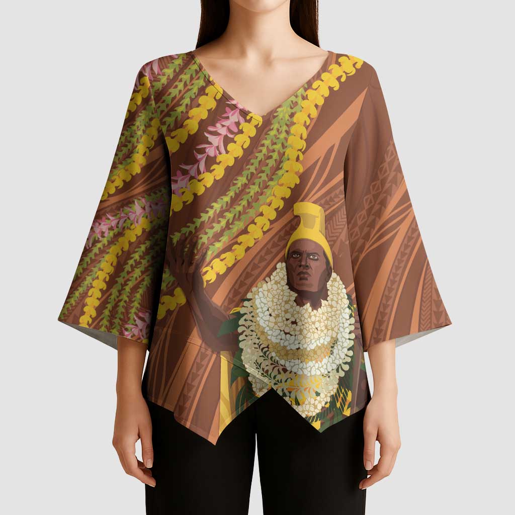 Hawaii King Kamehameha Kimono Sleeve Blouse Hawaiian Kakau Pattern With Leis