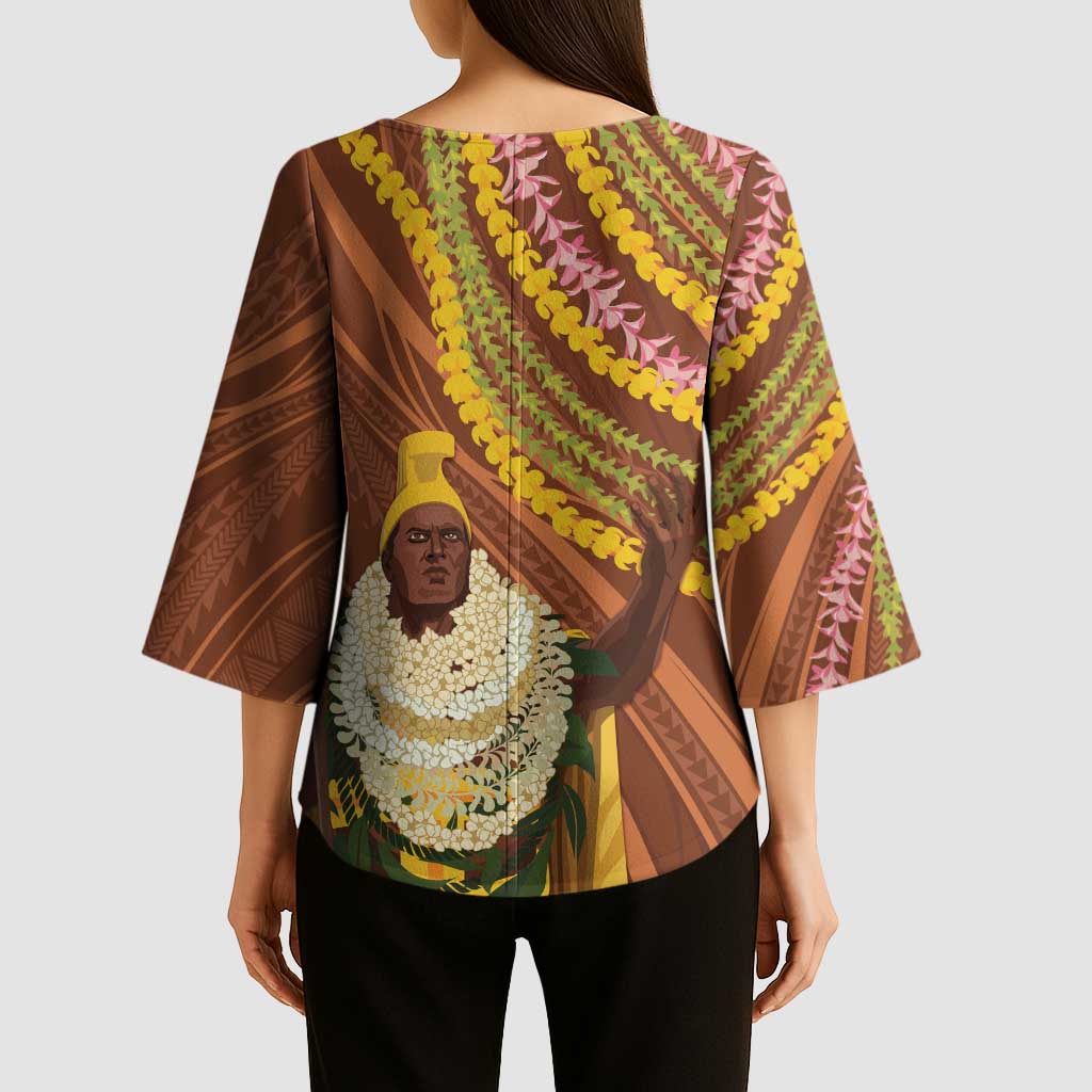 Hawaii King Kamehameha Kimono Sleeve Blouse Hawaiian Kakau Pattern With Leis