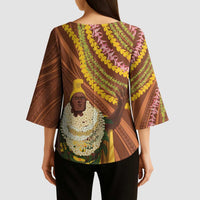 Hawaii King Kamehameha Kimono Sleeve Blouse Hawaiian Kakau Pattern With Leis
