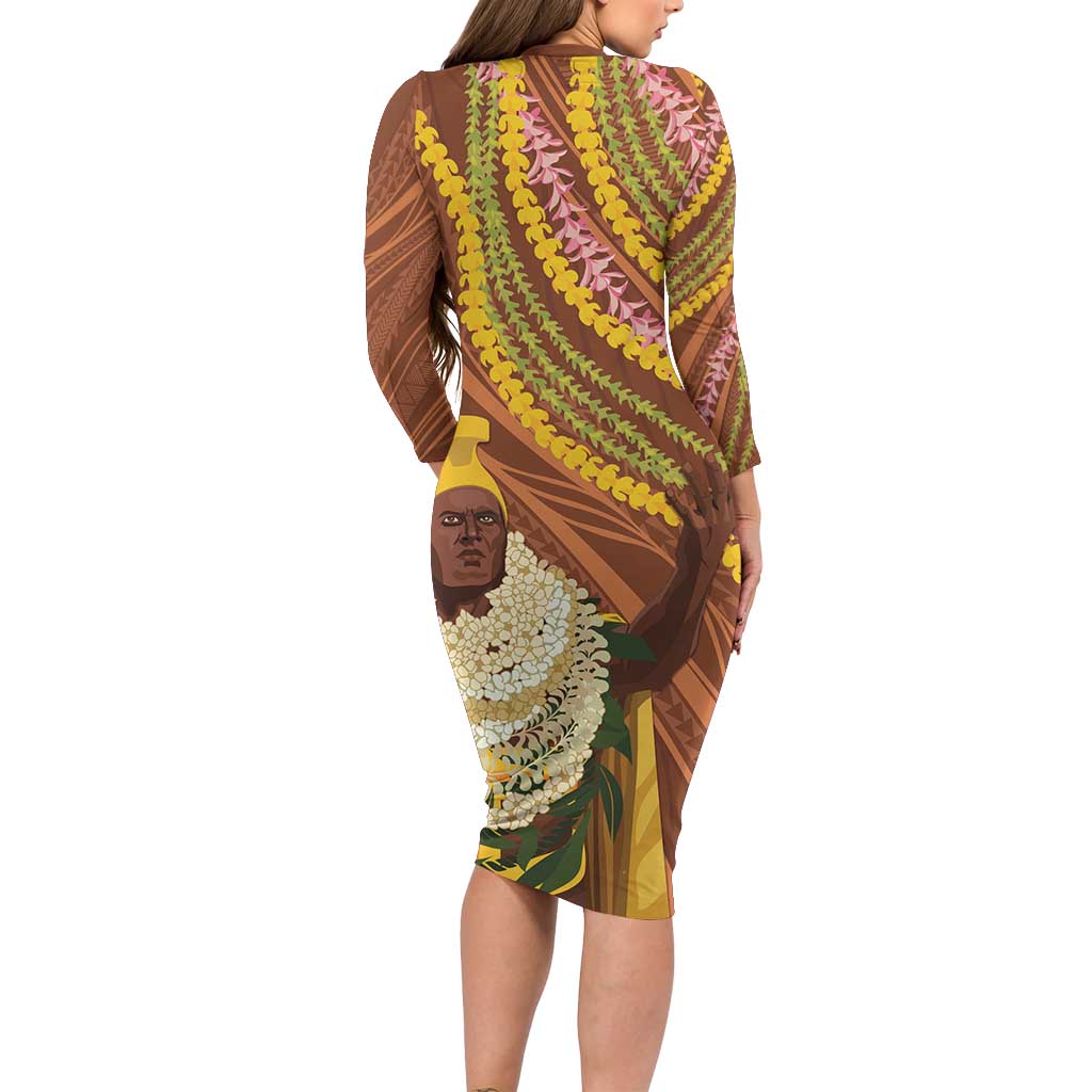 Hawaii King Kamehameha Long Sleeve Bodycon Dress Hawaiian Kakau Pattern With Leis