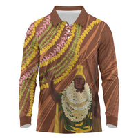 Hawaii King Kamehameha Long Sleeve Polo Shirt Hawaiian Kakau Pattern With Leis
