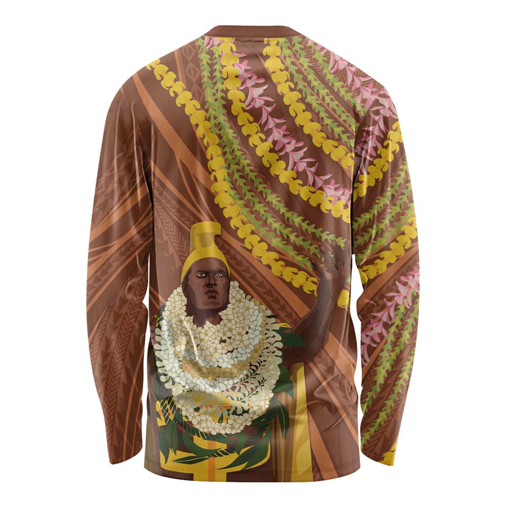 Hawaii King Kamehameha Long Sleeve Shirt Hawaiian Kakau Pattern With Leis