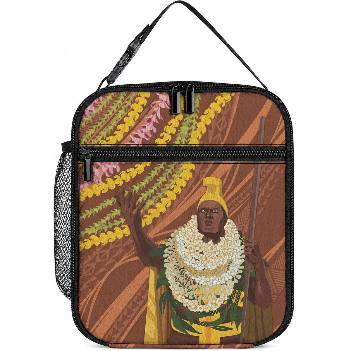 Hawaii King Kamehameha Lunch Bag Hawaiian Kakau Pattern With Leis LT05 10.2 × 8.3 × 4.3 inch Brown - Polynesian Pride
