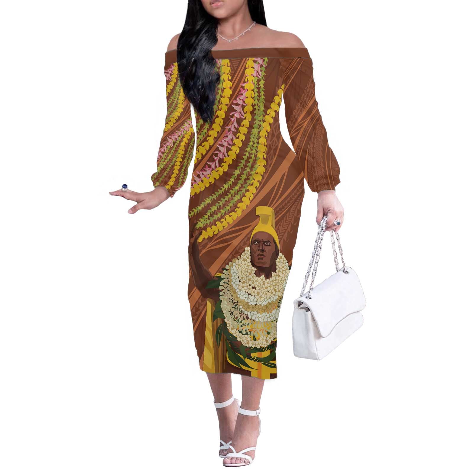 Hawaii King Kamehameha Off The Shoulder Long Sleeve Dress Hawaiian Kakau Pattern With Leis