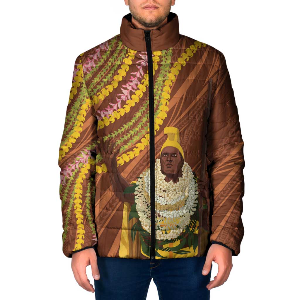 Hawaii King Kamehameha Padded Jacket Hawaiian Kakau Pattern With Leis