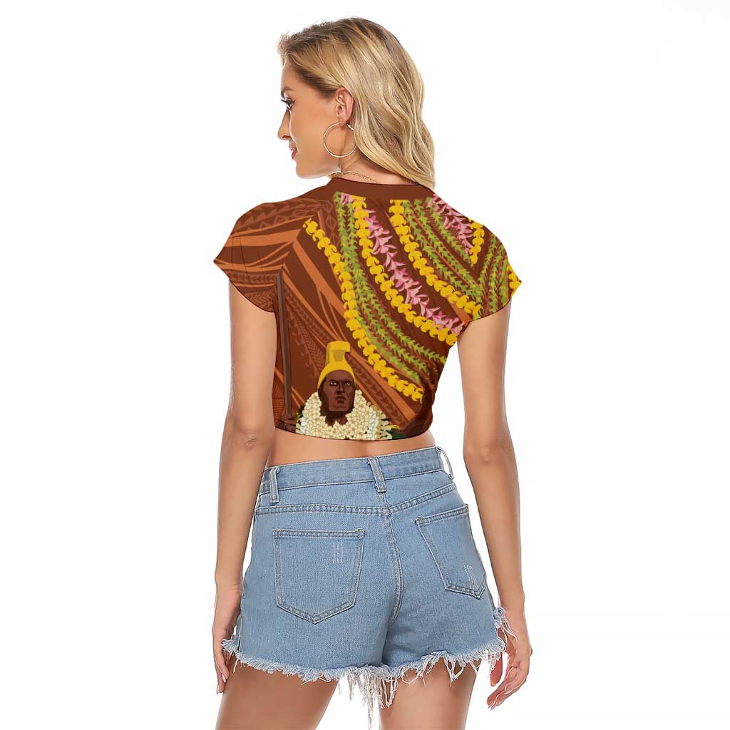 Hawaii King Kamehameha Raglan Cropped T Shirt Hawaiian Kakau Pattern With Leis