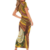 Hawaii King Kamehameha Short Sleeve Bodycon Dress Hawaiian Kakau Pattern With Leis