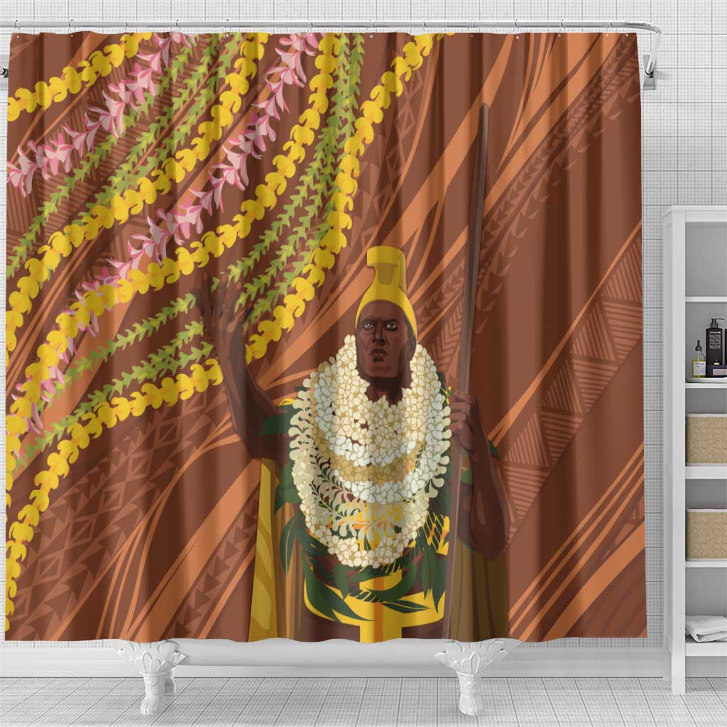 Hawaii King Kamehameha Shower Curtain Hawaiian Kakau Pattern With Leis