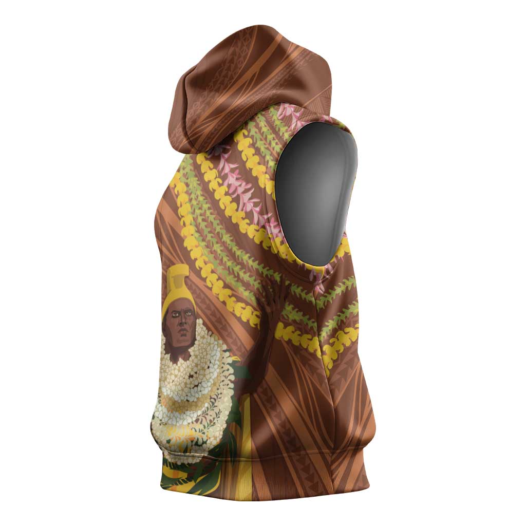Hawaii King Kamehameha Sleeveless Hoodie Hawaiian Kakau Pattern With Leis