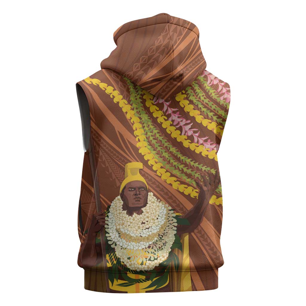 Hawaii King Kamehameha Sleeveless Zip Hoodie Hawaiian Kakau Pattern With Leis