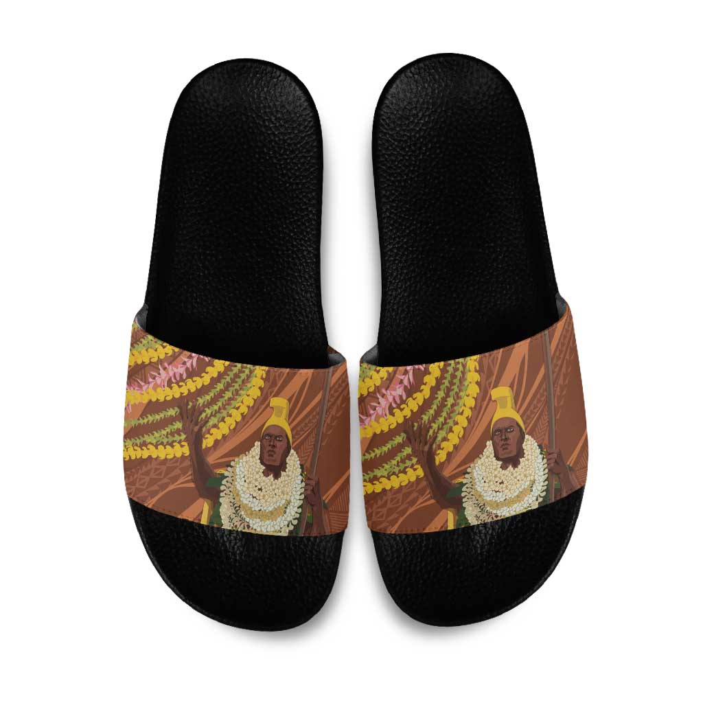 Hawaii King Kamehameha Slide Sandals Hawaiian Kakau Pattern With Leis
