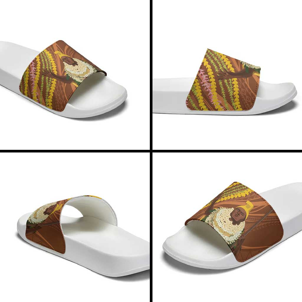 Hawaii King Kamehameha Slide Sandals Hawaiian Kakau Pattern With Leis