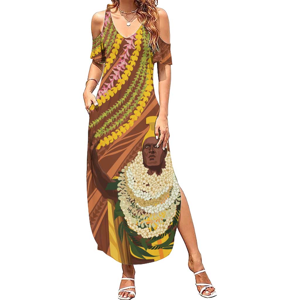 Hawaii King Kamehameha Summer Maxi Dress Hawaiian Kakau Pattern With Leis