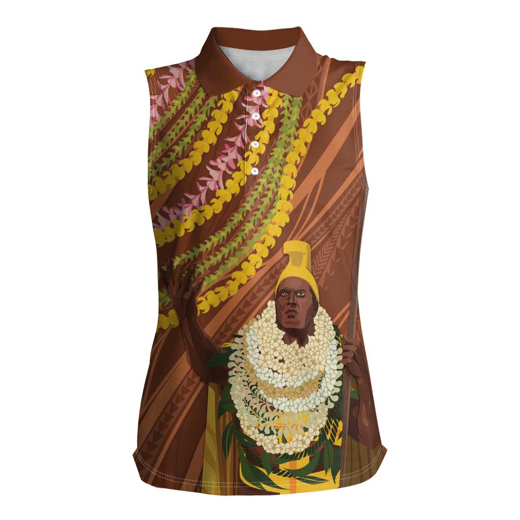 Hawaii King Kamehameha Women Sleeveless Polo Shirt Hawaiian Kakau Pattern With Leis