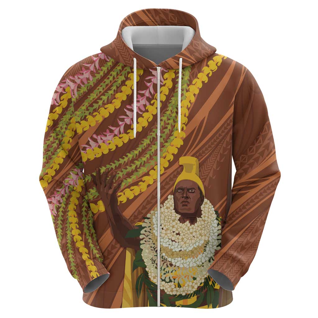 Hawaii King Kamehameha Zip Hoodie Hawaiian Kakau Pattern With Leis
