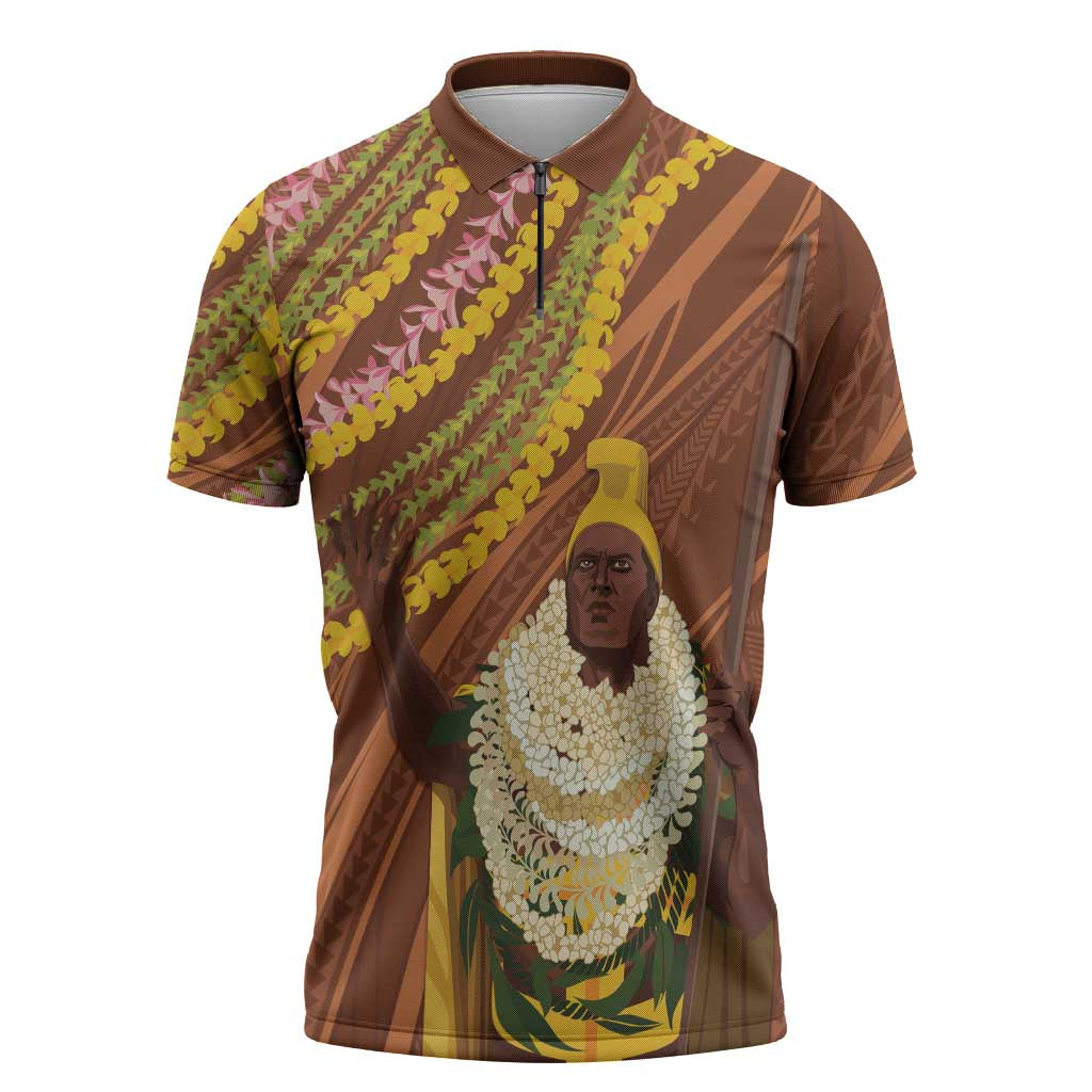 Hawaii King Kamehameha Zipper Polo Shirt Hawaiian Kakau Pattern With Leis