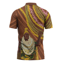 Hawaii King Kamehameha Zipper Polo Shirt Hawaiian Kakau Pattern With Leis